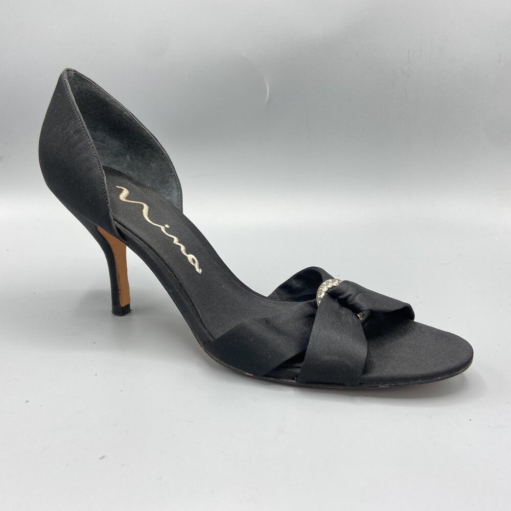 Nina D'Orsay‎ Heels Size 8.5 Black Satin Rhinestone Dressy Occasion Shoes